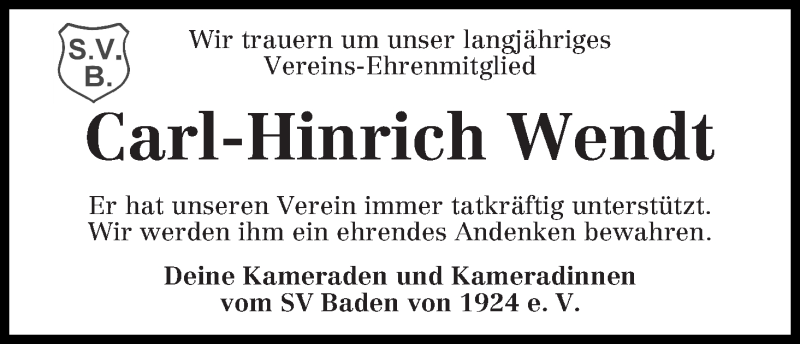 Traueranzeige von Carl-Hinrich Wendt von Achimer Kurier/Verdener Nachrichten