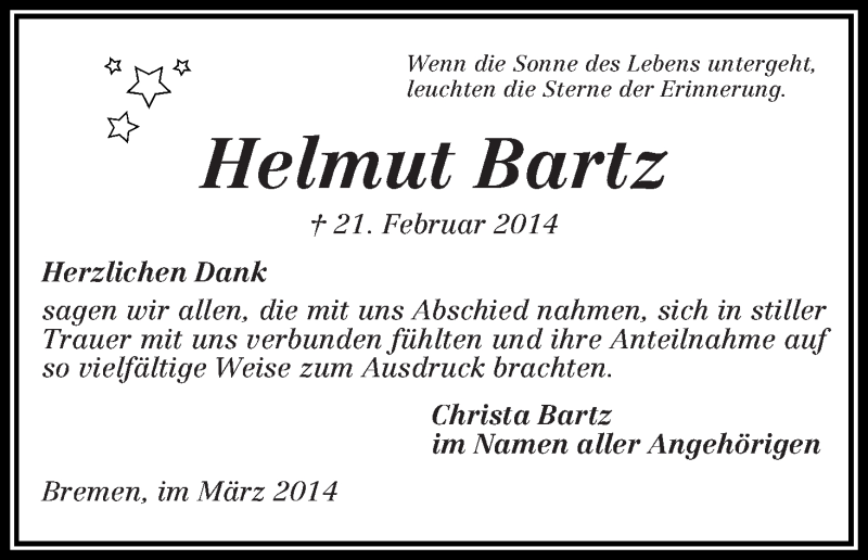 Traueranzeige von Helmut Bartz von WESER-KURIER