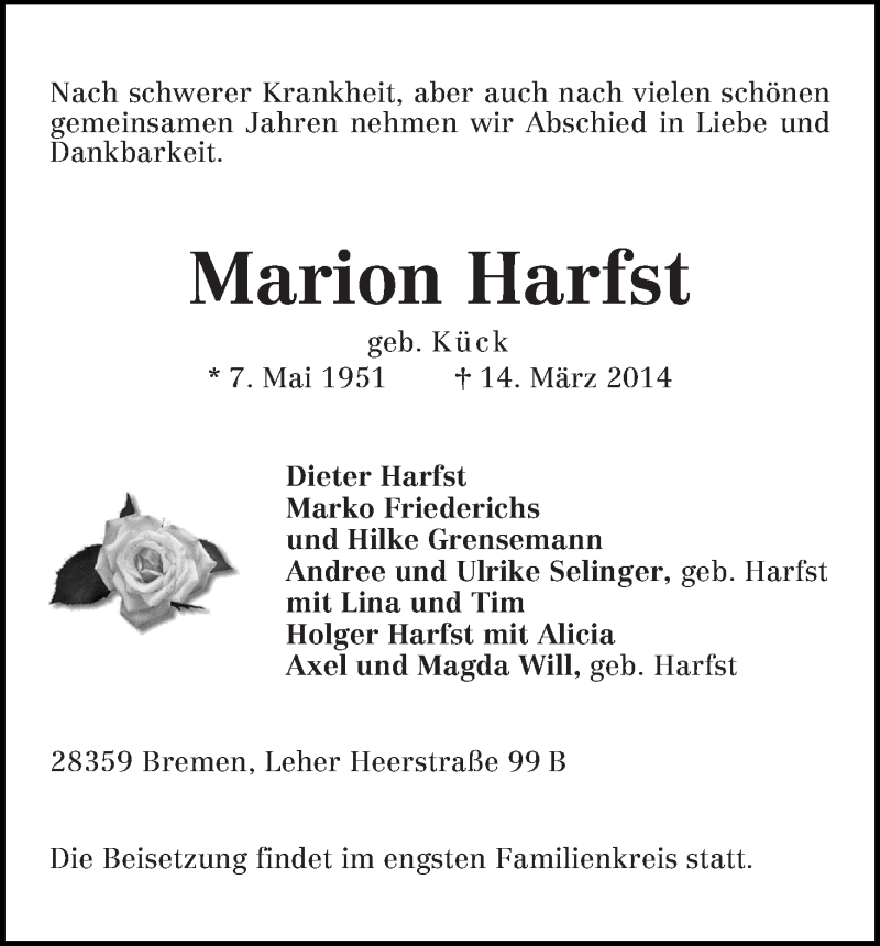 Traueranzeige von Marion Harfst von WESER-KURIER