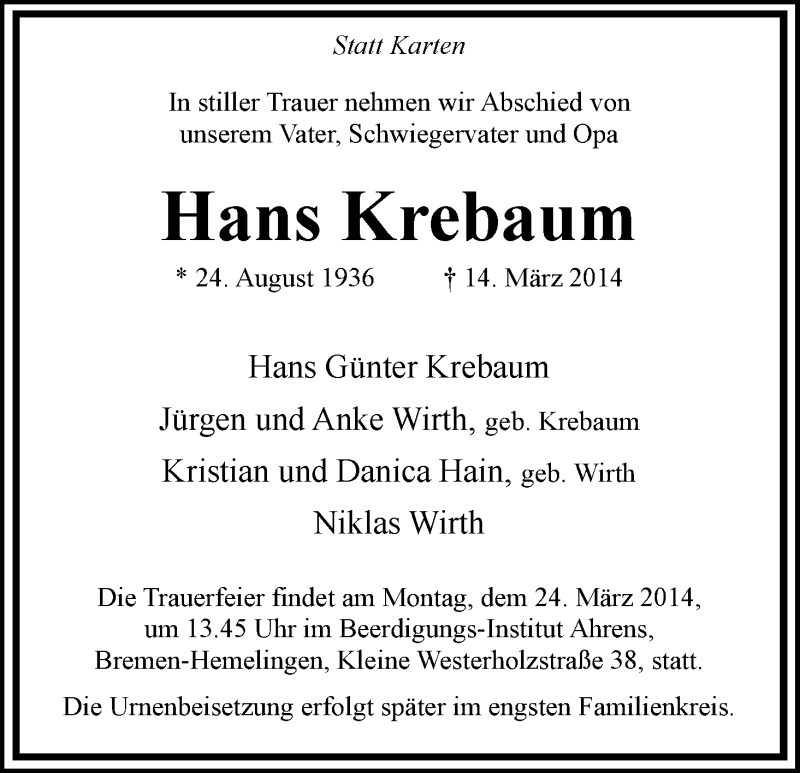 Traueranzeige von Hans Krebaum von WESER-KURIER