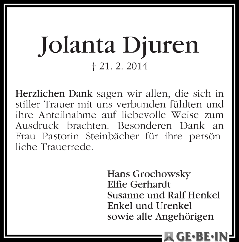 Traueranzeige von Jolanta Djuren von WESER-KURIER