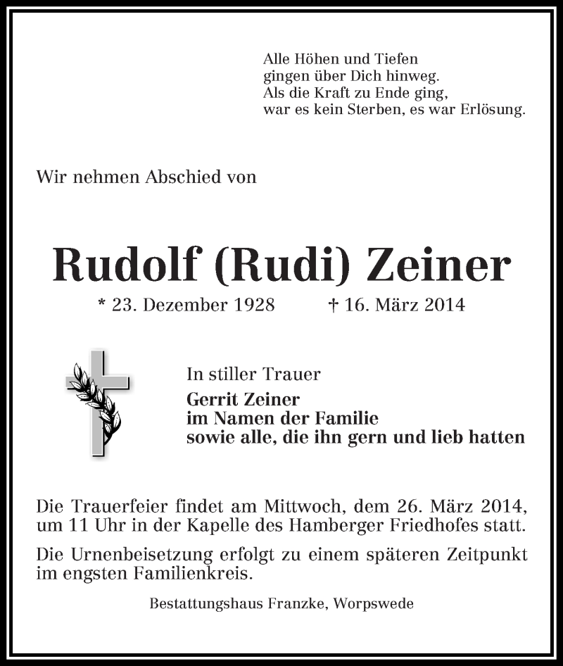 Traueranzeige von Rudolf Zeiner von Die Norddeutsche