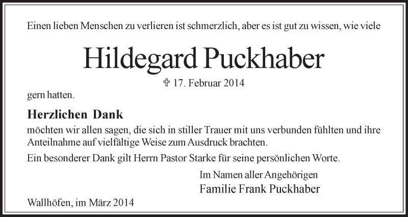 Traueranzeige von Hildegard Puckhaber von Osterholzer Kreisblatt
