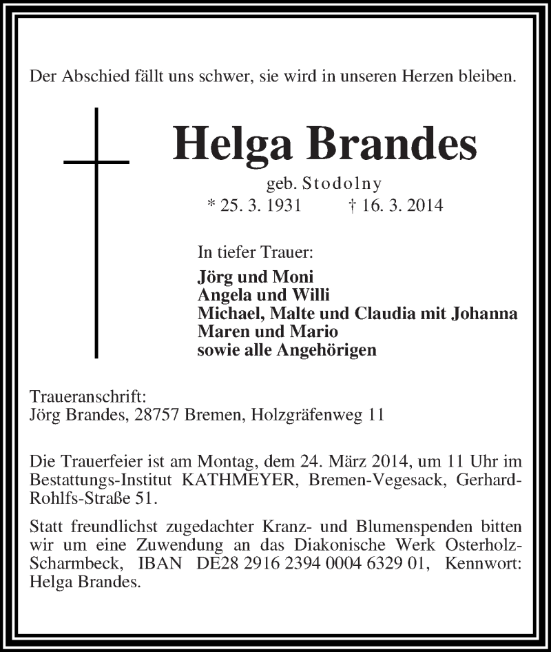 Traueranzeige von Helga Brandes von Die Norddeutsche