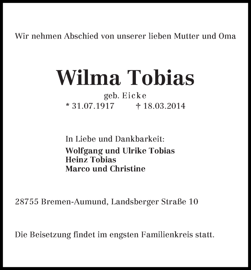 Traueranzeige von Wilma Tobias von Die Norddeutsche
