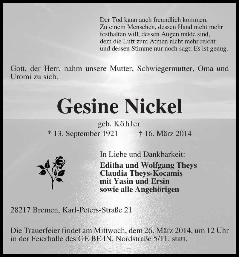 Traueranzeige von Gesine Nickel von WESER-KURIER