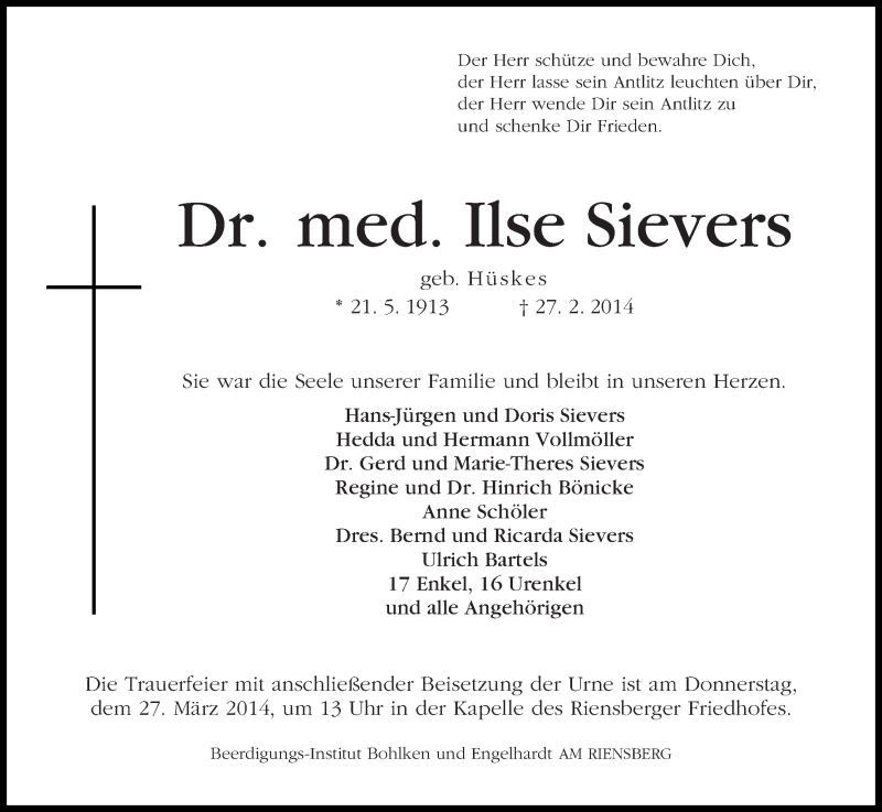 Traueranzeige von Ilse Sievers von WESER-KURIER