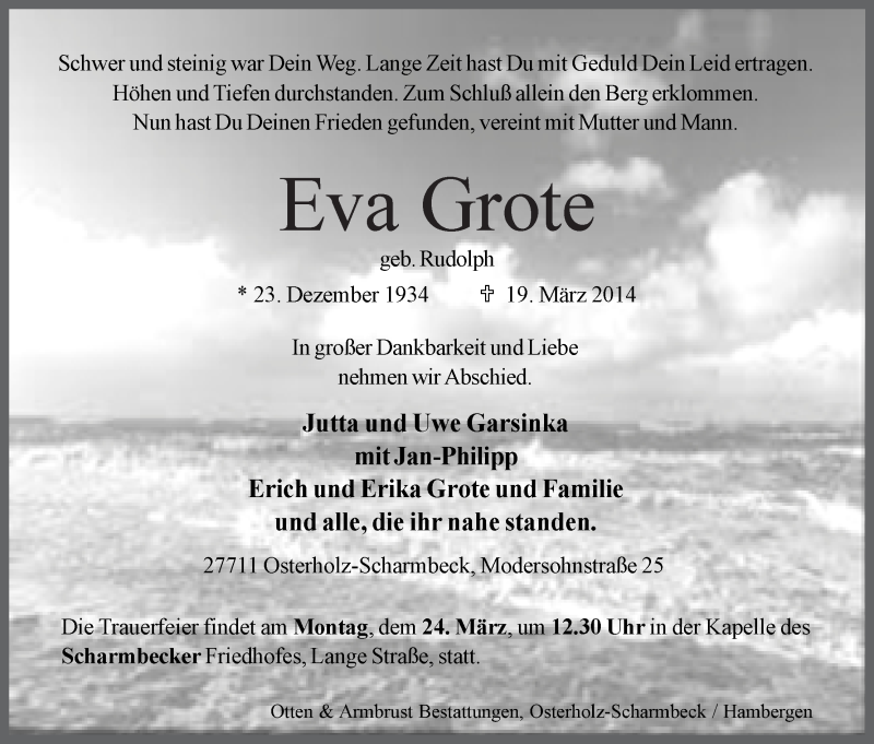 Traueranzeige von Eva Grote von Osterholzer Kreisblatt