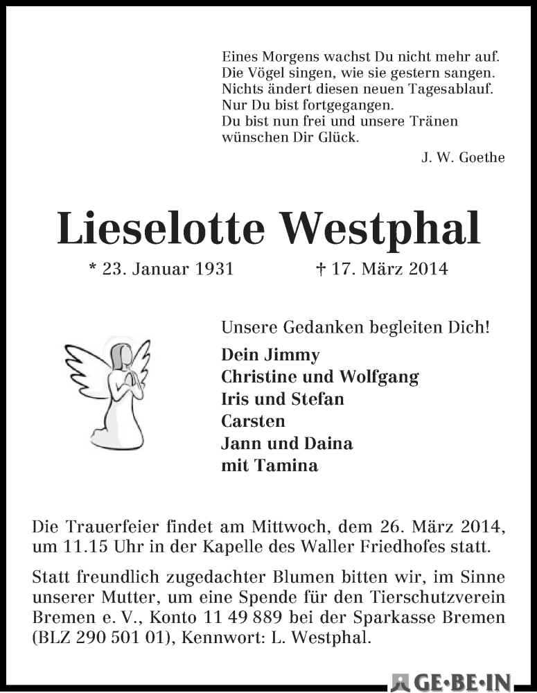 Traueranzeige von Lieselotte Westphal von WESER-KURIER