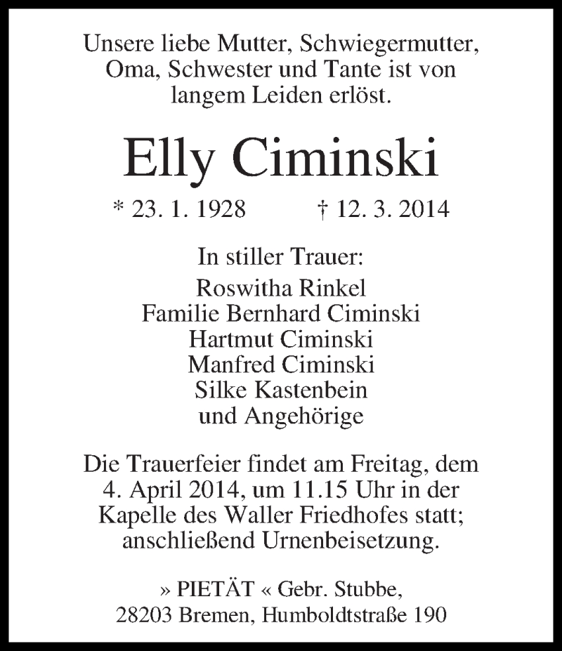 Traueranzeige von Elly Ciminski von WESER-KURIER
