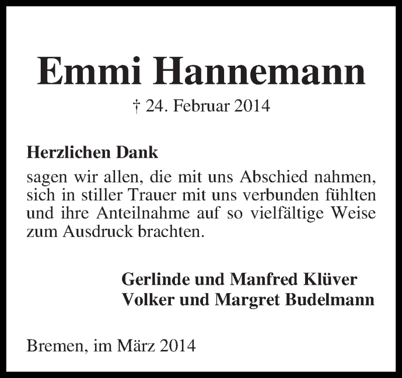 Traueranzeige von Emmi Hannemann von WESER-KURIER