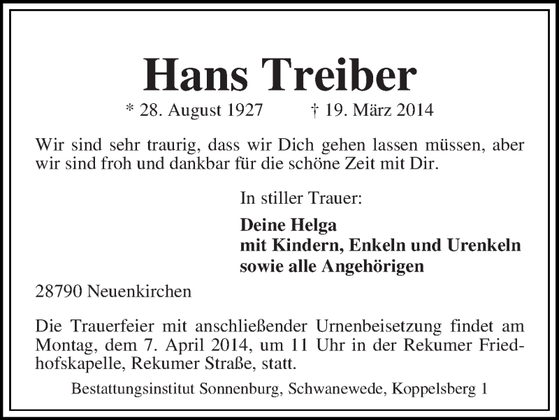 Traueranzeige von Hans Treiber von Die Norddeutsche