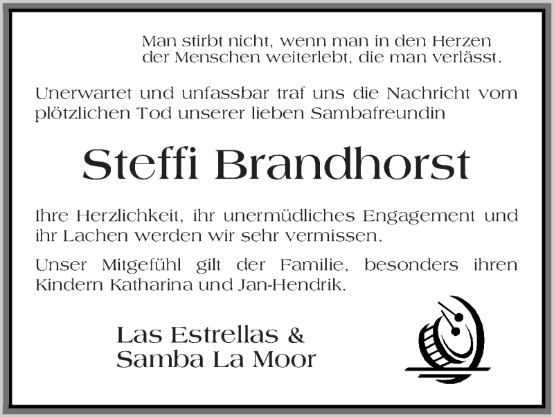  Traueranzeige für Stefanie Brandhorst vom 22.03.2014 aus Osterholzer Kreisblatt
