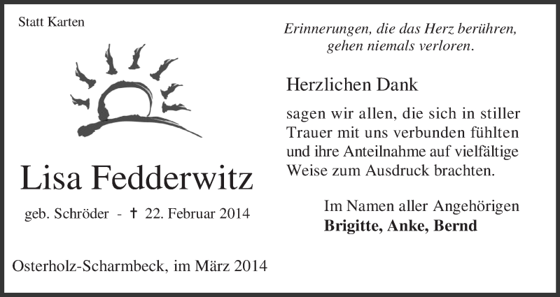 Traueranzeige von Lisa Fedderwitz von Osterholzer Kreisblatt