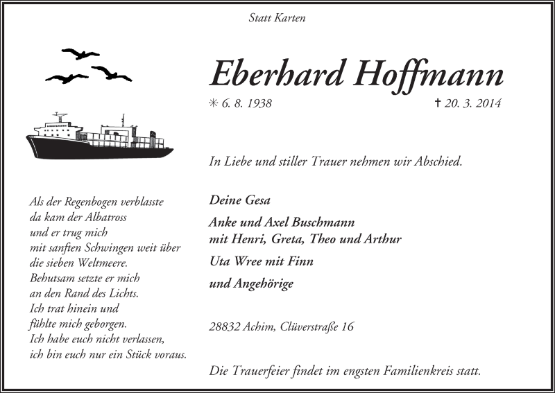 Traueranzeige von Eberhard Hoffmann von Achimer Kurier/Verdener Nachrichten