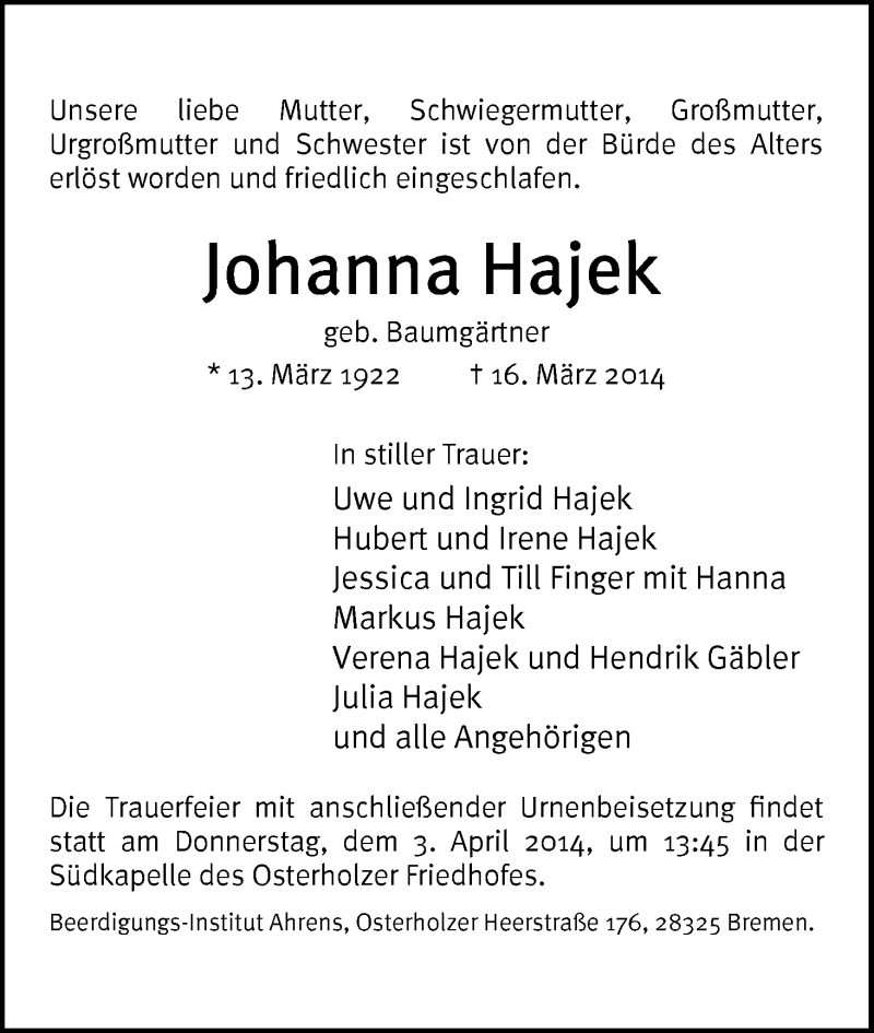Traueranzeige von Johanna Hajek von WESER-KURIER