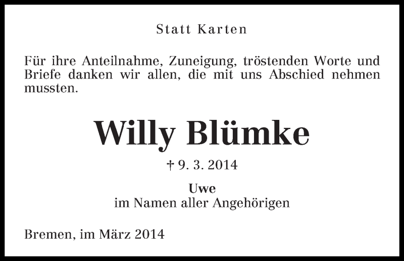 Traueranzeige von Willy Blümke von WESER-KURIER