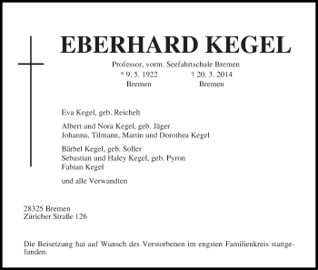 Traueranzeige von Eberhard Kegel