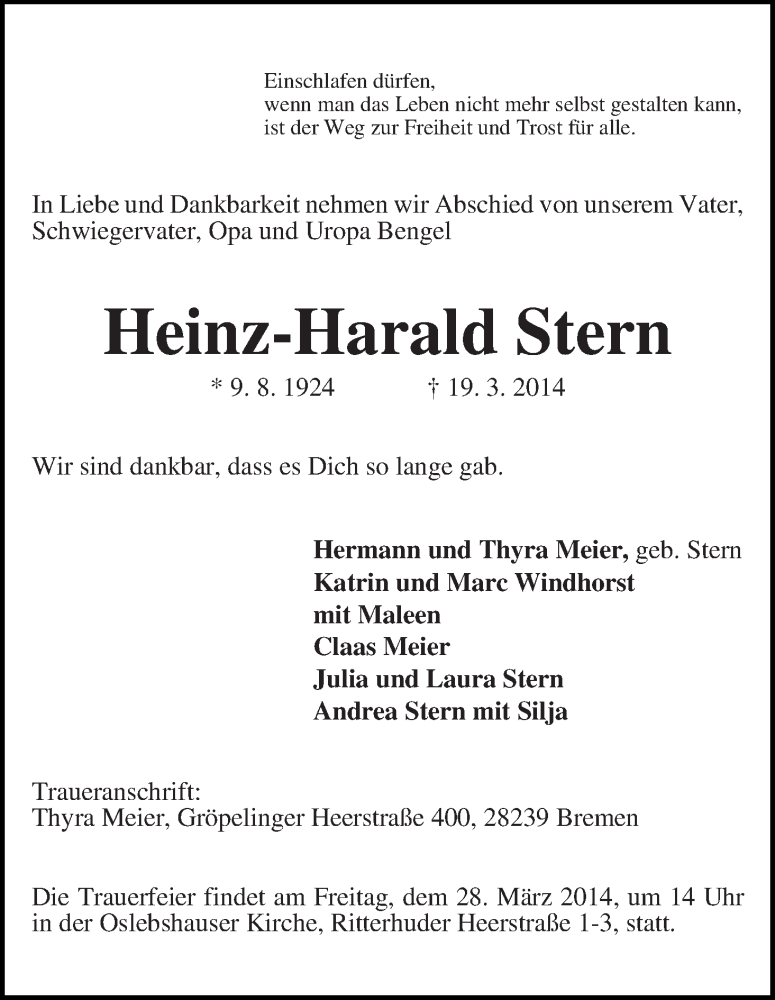 Traueranzeige von Heinz-Harald Stern von WESER-KURIER