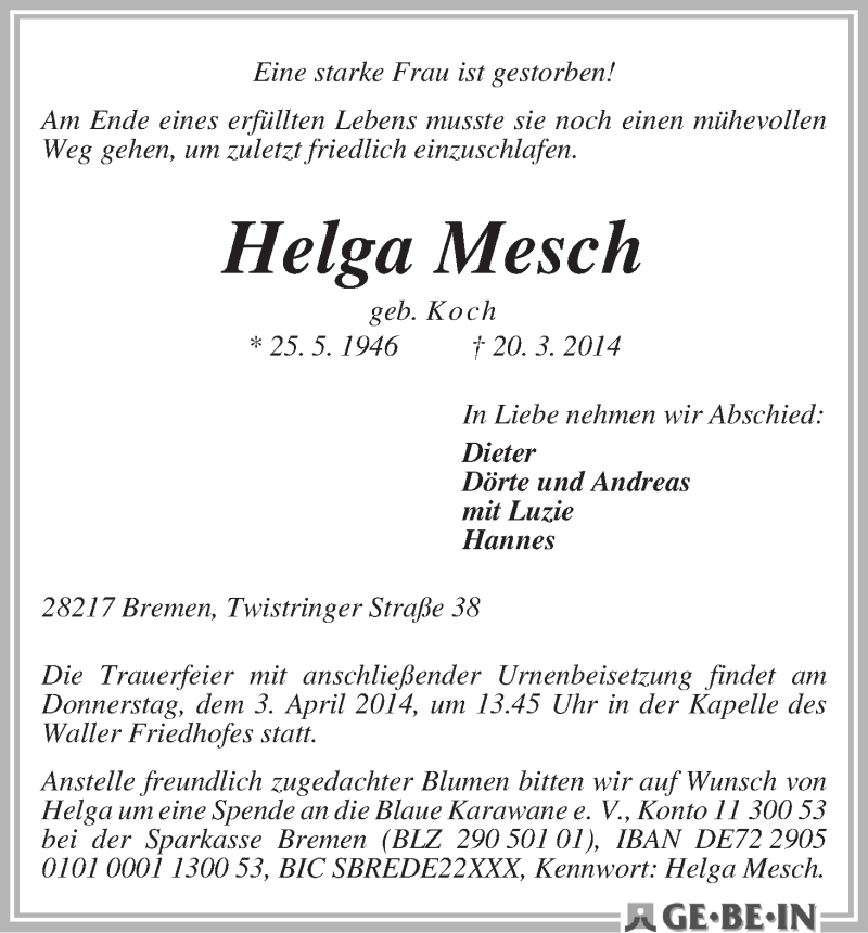 Traueranzeige von Helga Mesch von WESER-KURIER