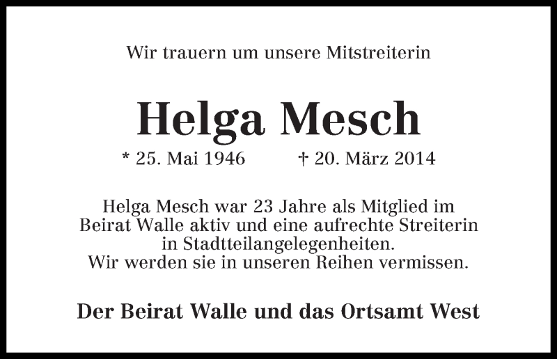 Traueranzeige von Helga Mesch von WESER-KURIER