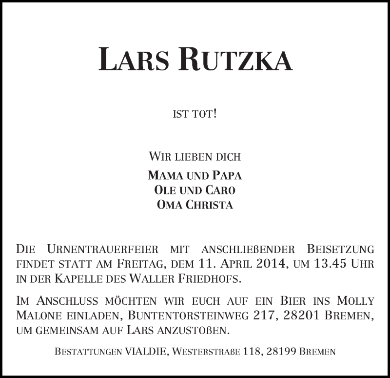  Traueranzeige für Lars Rutzka vom 29.03.2014 aus WESER-KURIER