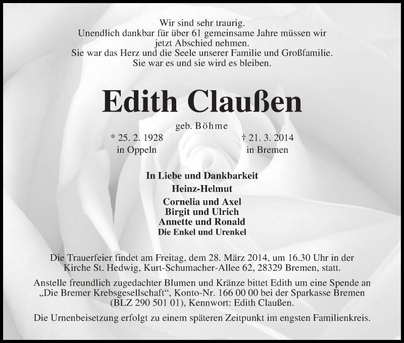 Traueranzeige von Edith Claußen von WESER-KURIER