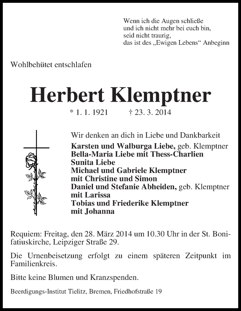 Traueranzeige von Herbert Klemptner von WESER-KURIER