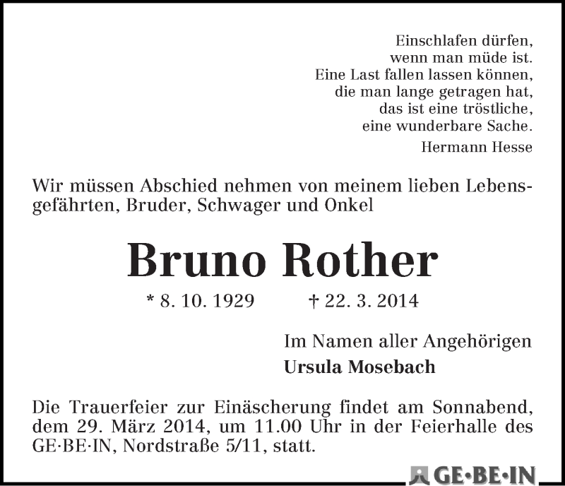Traueranzeige von Bruno Rother von WESER-KURIER