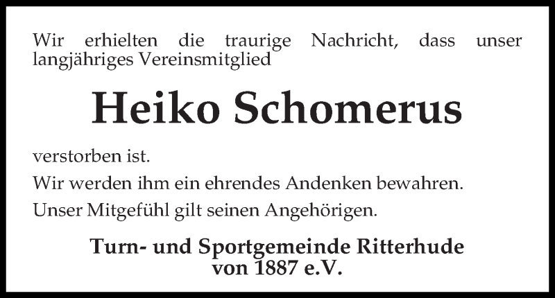Traueranzeige von Heiko Schomerus von Osterholzer Kreisblatt