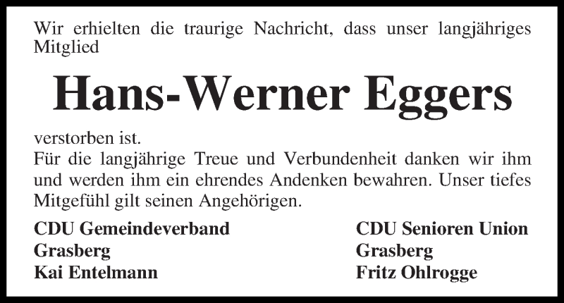 Traueranzeige von Hans-Werner Eggers von Wuemme Zeitung