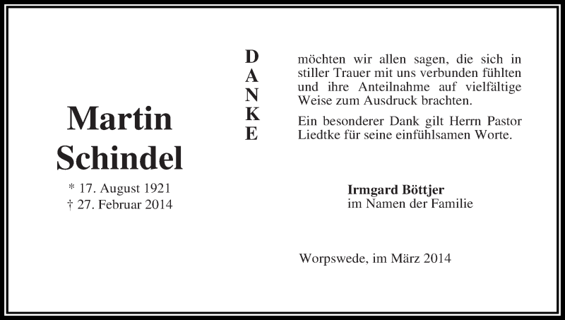 Traueranzeige von Martin Schindel von Wuemme Zeitung