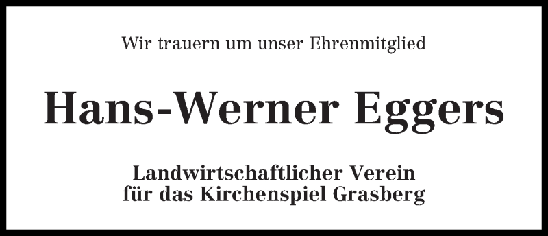 Traueranzeige von Hans-Werner Eggers von Wuemme Zeitung