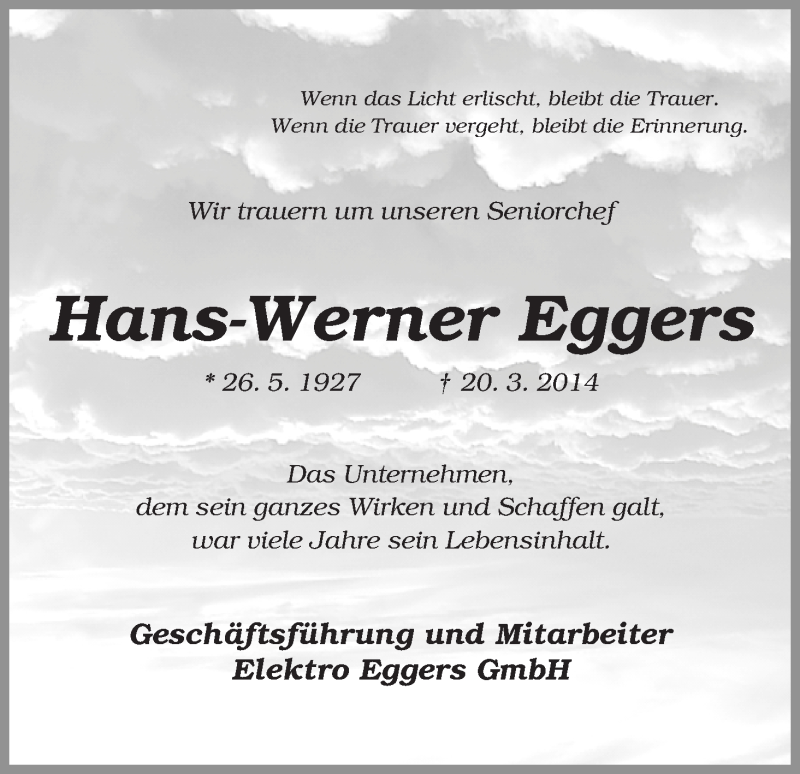 Traueranzeige von Hans-Werner Eggers von Wuemme Zeitung