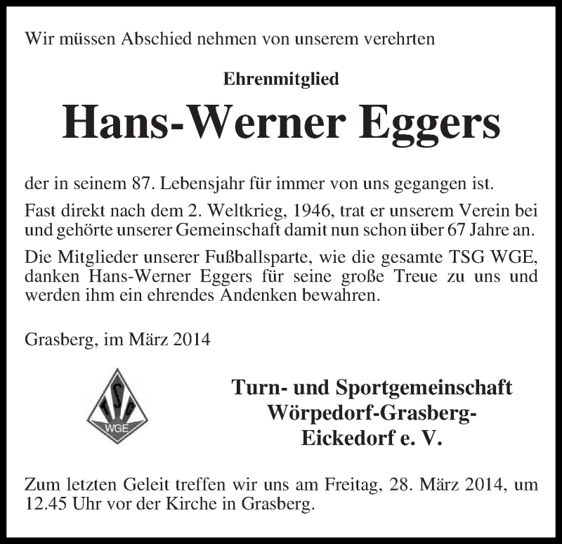 Traueranzeige von Hans-Werner Eggers von Wuemme Zeitung