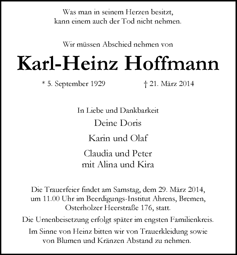 Traueranzeige von Karl-Heinz Hoffmann von WESER-KURIER