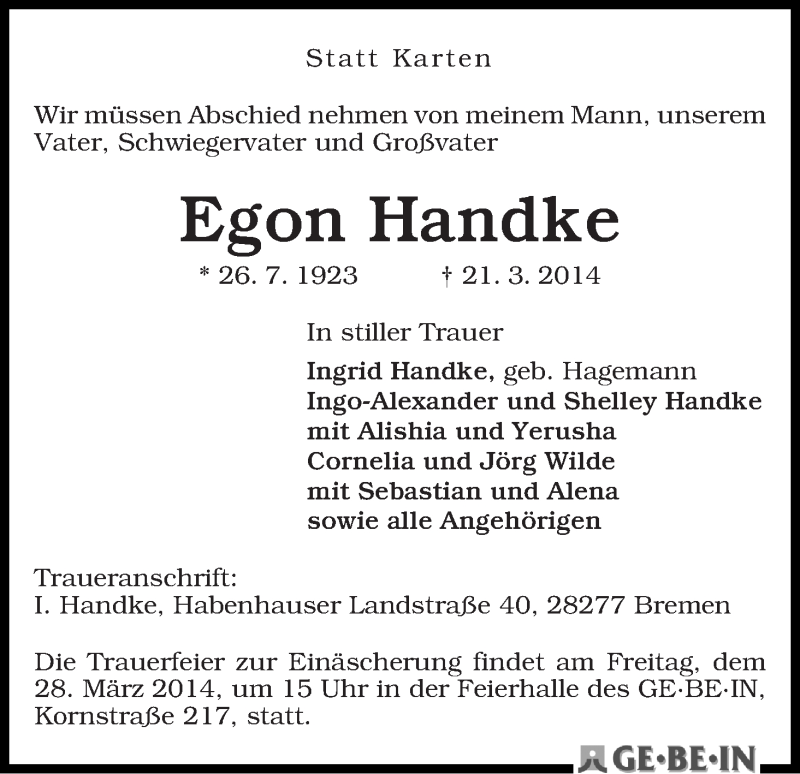 Traueranzeige von Egon Handke von WESER-KURIER