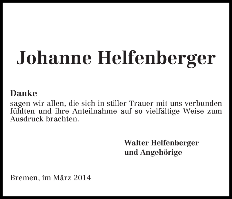 Traueranzeige von Johanne Helfenberger von WESER-KURIER