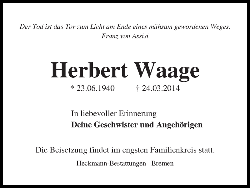 Traueranzeige von Herbert Waage von WESER-KURIER