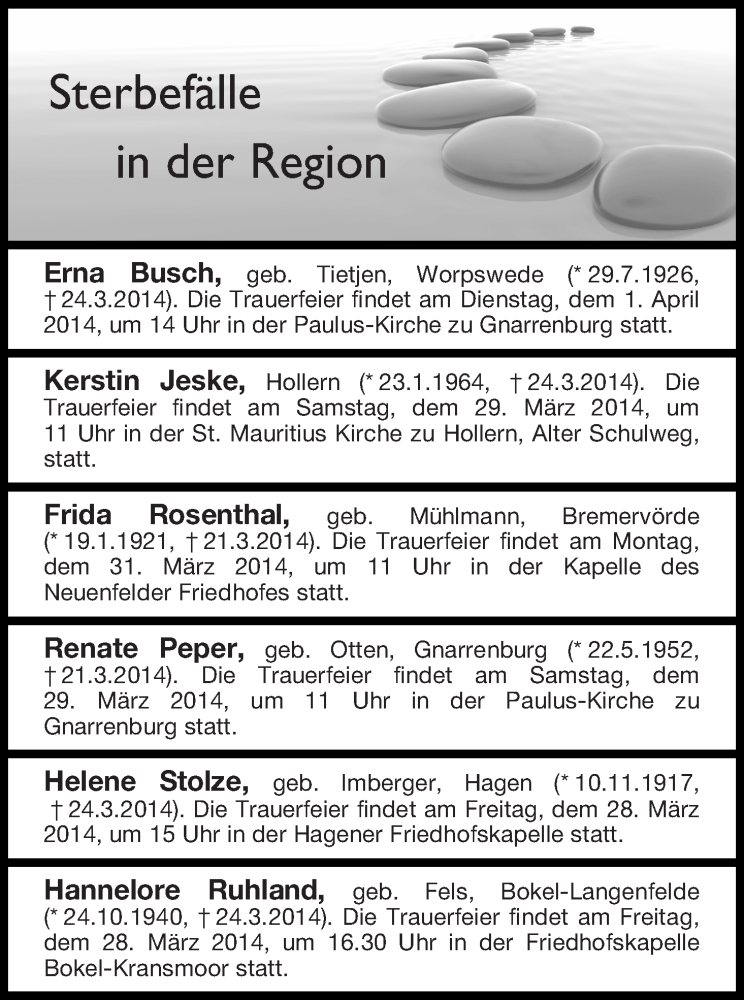 Traueranzeige von Sterbefälle vom 27.03.2014 von Osterholzer Kreisblatt