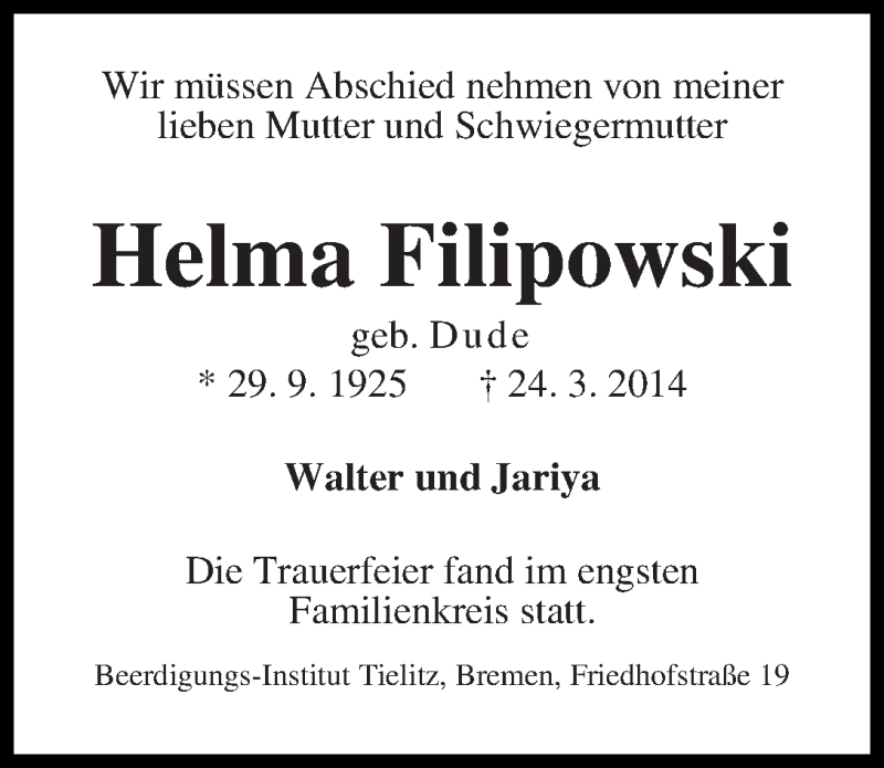 Traueranzeige von Helma Filipowski von WESER-KURIER