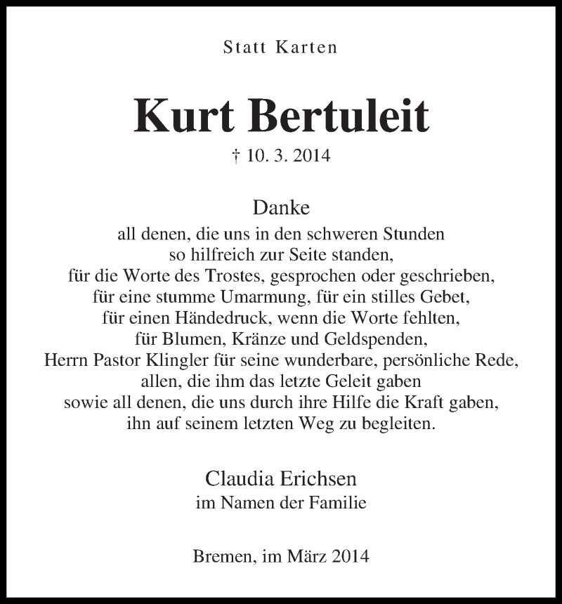 Traueranzeige von Kurt Bertuleit von WESER-KURIER