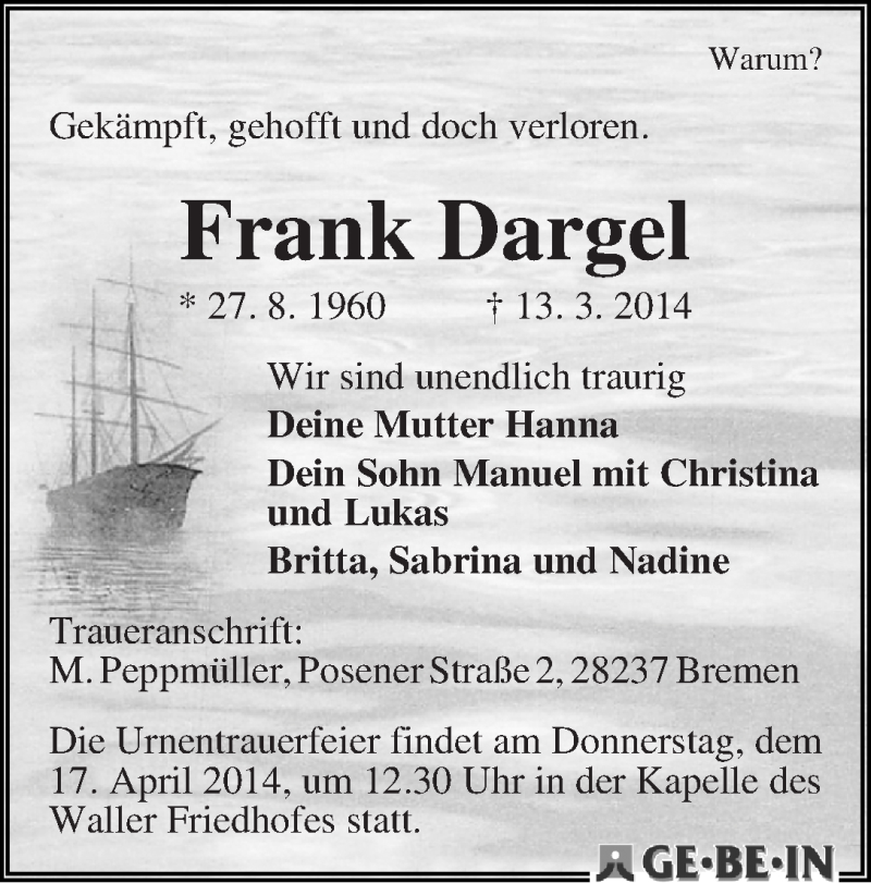  Traueranzeige für Frank Dargel vom 29.03.2014 aus WESER-KURIER