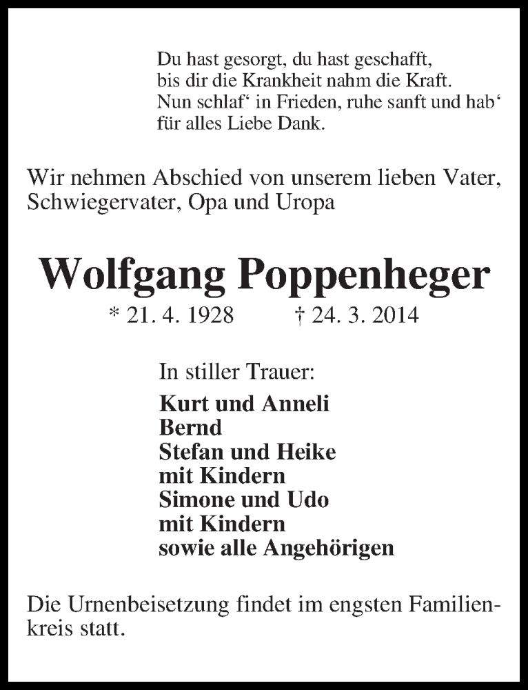 Traueranzeige von Wolfgang Poppenheger von WESER-KURIER