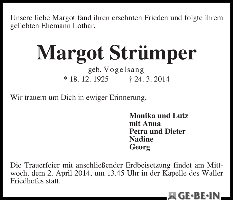 Traueranzeige von Margot Strümper von WESER-KURIER