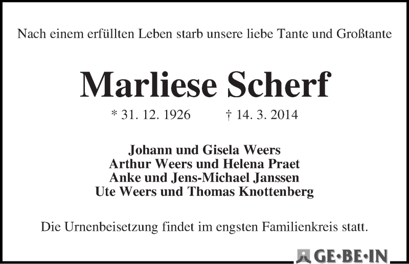 Traueranzeige von Marliese Scherf von WESER-KURIER