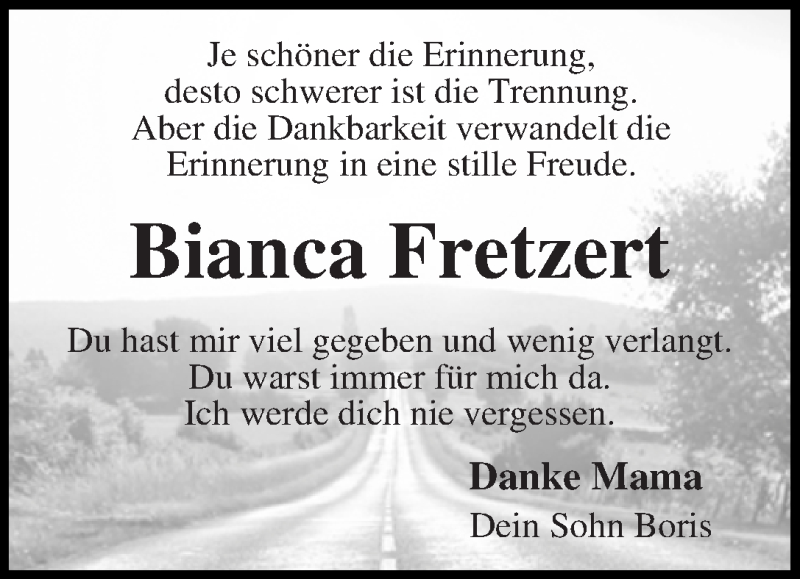 Traueranzeige von Bianca Fretzert von WESER-KURIER
