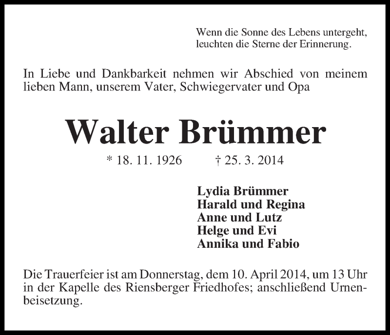 Traueranzeige von Walter Brümmer von WESER-KURIER