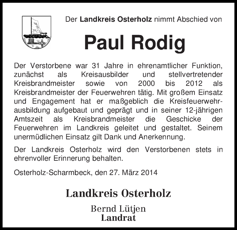 Traueranzeige von Paul Rodig von Osterholzer Kreisblatt