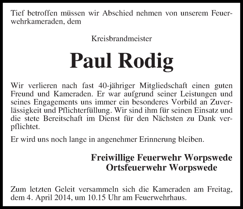  Traueranzeige für Paul Rodig vom 28.03.2014 aus Wuemme Zeitung